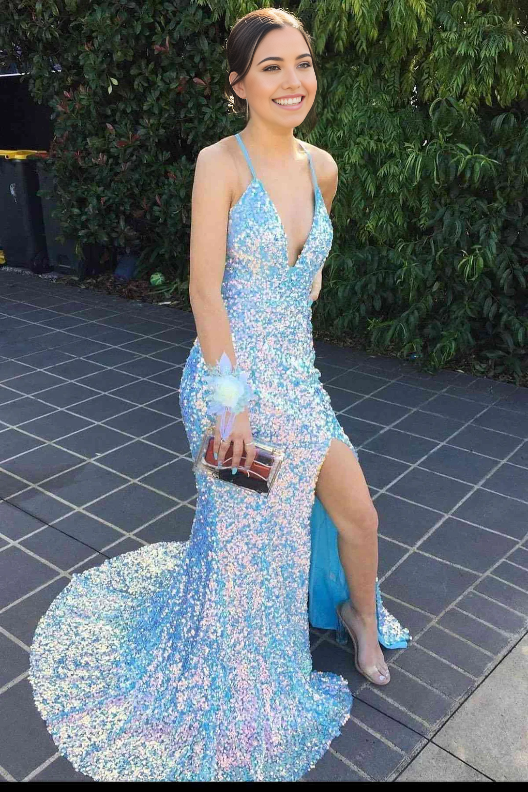 Mermaid V-Neck Spaghetti Straps Backless Sequin Long formal dresses evening gown Prom Dress